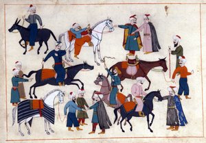 Ein Pferdemarkt in der Türkei unter dem Osmanischen Reich. Miniatur aus „Türkische Denkmäler“ (Codex Cicogna 1971 „Memorie Turchesche“) von Venetian School