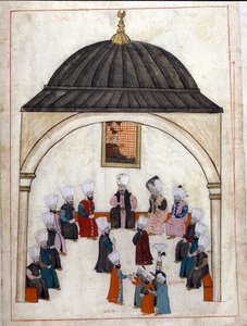 Verwaltung unter dem Osmanischen Reich: eine Anhörung unter dem Vorsitz des Großwesirs. Miniatur aus "Türkische Denkmäler" (Codex Cicogna 1971 "Memorie Turchesche") Aquarell aus der venezianischen Schule des 17. Jahrhunderts von Venetian School