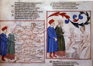 Dante und Virgil im Gespräch mit Grifolino von Arezzo und Capocchio von Siena, 14. Jahrhundert