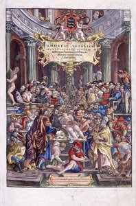 Flämischer Anatom und Arzt Andreas Vesalius gibt eine Lektion an der medizinischen Fakultät in Brüssel, 1543 von Venetian School