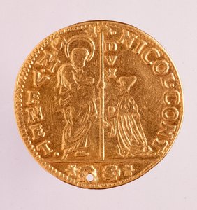 Goldmünze (Zecchino oder Sequin) aus der Republik Venedig: Herrschaft von Doge Nicolo Contarini (1630-1631). Durchmesser 3,4 cm Rom, Museo Nazionale delle Terme