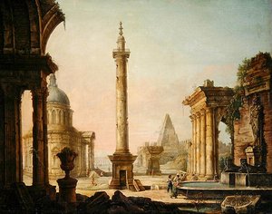 Imaginäre Ansicht mit Säulenmonument von Venetian School