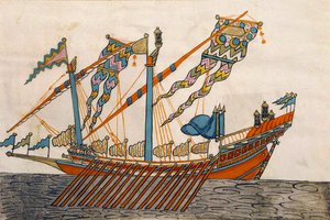 Ms. cicogna 1971, Miniatur aus den Memorie Turchesche, die ein türkisches Flaggschiff zeigt von Venetian School
