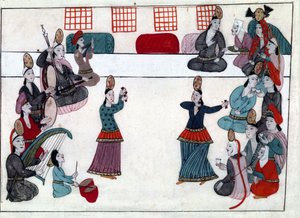 Musiker und Tänzer im Osmanischen Reich. Miniatur aus „Türkische Denkmäler“ (Codex Cicogna 1971 „Memorie Turchesche“) Aquarell der venezianischen Schule des 17. Jahrhunderts von Venetian School