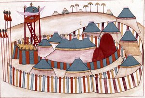 Osmanisches Lager. Miniatur aus "Türkische Denkmäler" (Codex Cicogna 1971 "Memorie Turchesche") Aquarell aus der venezianischen Schule des 17. Jahrhunderts von Venetian School