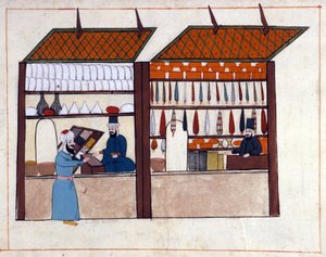 Läden (Gewürzhändler) in Konstantinopel, Türkei unter dem Osmanischen Reich. Miniatur aus „Türkische Denkmäler“ (Codex Cicogna 1971 „Memorie Turchesche“) Aquarell aus der venezianischen Schule des 17. Jahrhunderts. von Venetian School