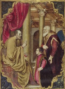 Venezianischer Senator oder Doge, der seinen Sohn seinem Schutzpatron vorstellt von Venetian School