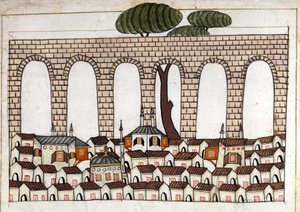 Ansicht von Konstantinopel und seinem Aquädukt. Miniatur aus „Türkische Denkmäler“ (Codex Cicogna 1971 „Memorie Turchesche“) Aquarell aus der venezianischen Schule des 17. Jahrhunderts. von Venetian School
