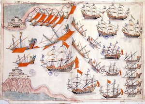 Krieg zwischen Venedig und dem Osmanischen Reich: Schlacht der Dardanellen, die den Sieg des venezianischen Kapitäns Lorenzo Marcello im Jahr 1655 sah (Aquarell) von Venetian School