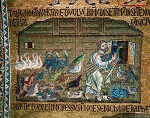 Byzantinische Architektur: „Noah bringt die Tiere in die Arche vor der Sintflut“ Mosaik von venezianischen Künstlern, 13. Jahrhundert, Basilika San Marco, Venedig von Veneto Byzantine School