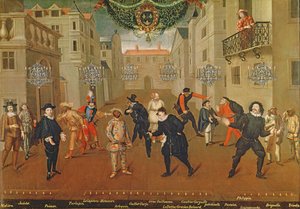 Italienische und französische Komödianten spielen in Farcen, 1670