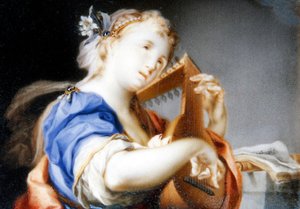 Eine Dame in einem blauen, mit Weiß gefütterten Gewand, die Laute spielt von Veronica Stern