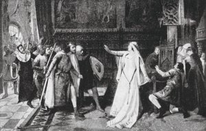 Maria de Molina wehrt die Adligen ab (Lithografie) von Vicente Borras Abella