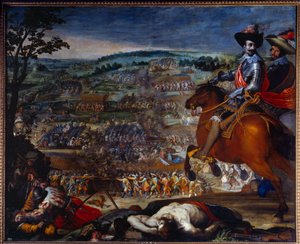 Dreißigjähriger Krieg: Die Schlacht von Fleurus 1622. Sie stellt die protestantischen Truppen von Christian von Braunschweig und Ernst von Mansfeld gegen die spanische Armee unter Gonzalo Fernández de Córdoba dar. Gemälde von Vicente Carducho von Vicente Carducho