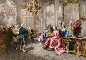 Wolfgang Amadeus Mozart (1756-1791) bei Madame (Marquise) de Pompadour (Die Familie Mozart während der Europatournee) (1763-1766). Gravur nach dem Gemälde von M. V. de Paredes. von Vicente de (after) Paredes