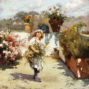 Ein junges Mädchen sammelt Blumen im Sonnenschein von Vicenzo Irolli