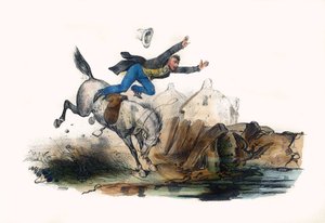 Ein Reiter stürzt nach dem Ansturm seines Pferdes. In „Album Grotesque, Auswahl bemerkenswerter Typen“, Illustrationen von Victor Adam, Paris, um 1850. von Victor Adam
