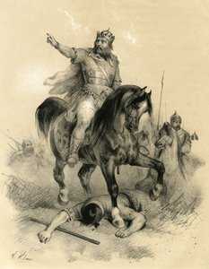 Attila (v. 395-453), der alleinige Führer der Hunnen im Jahr 445, verwüstete die Reiche des Ostens und Westens - Barbarische Invasionen - Gravur von Victor Adam (1801-1866) im Buch „Frankreich im Mittelalter“ veröffentlicht von den Ardant-Brüdern im Mitte