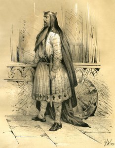 Clodion der Haarige, Anführer der salischen Franken von etwa 428 bis zu seinem Tod 447, wahrscheinlich Vorfahre der Merowinger. Gravur von Victor Adam (1801-1866) im Buch „Frankreich im Mittelalter“ veröffentlicht von den Ardant-Brüdern Mitte des 19. Jahrh