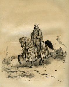 Philipp VI. von Valois (1293-1350), König von Frankreich von 1328 bis 1350, erster König der Valois-Dynastie, reitet an der Spitze seiner Truppen, als er 1328 die Macht übernahm, trotz der Ansprüche von Eduard III. von England. Dieser Streit eröffnete den  von Victor Adam