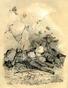 Roland, Graf der Bretagne, getötet von einer Abteilung Vascons (Basken) im Jahr 778 im Tal von Ronceveaux (Pyrenäen). Gravur von Victor Adam im Buch „Frankreich im Mittelalter“ veröffentlicht von den Ardant-Brüdern