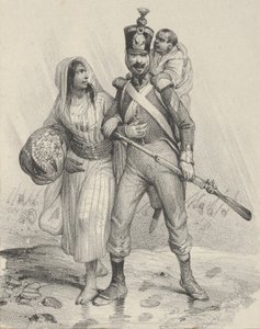 Soldat mit einer Frau am Arm und einem Kind auf dem Rücken, Mitte des 19. Jahrhunderts von Victor Adam