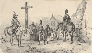 Soldaten versammelten sich vor einer Kirche mit Priestern und einem Kruzifix, Mitte 19. Jahrhundert von Victor Adam