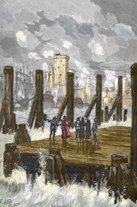 Belagerung von La Rochelle (1627-1628): „Der Kardinal von Richelieu (1585-1642) auf dem Damm von La Rochelle während der Belagerung der Stadt, Waffenplatz der Protestanten im Oktober 1628“ von Victor Armand Poirson