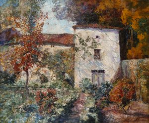 Haus und Obstgarten im Herbst