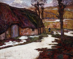 Bäuerin vor einem strohgedeckten Haus von Victor Charreton