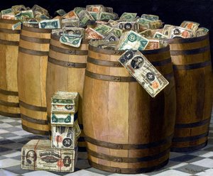 Fässer mit Geld, ca. 1897 von Victor Dubreuil