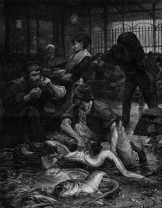 Eine Ecke der Fischhalle am Morgen (1880). Gravur nach dem Gemälde von Victor Gabriel Gilbert (1847-1933). In „Die illustrierte Welt“ Nr. 1244 vom 29. Januar von Victor Gabriel Gilbert