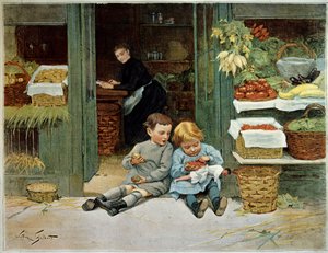Tour ihn. Kind isst Toast vor den Einkäufen seiner Mutter. Das kleine Mädchen hat eine Puppe auf den Knien. Gemälde von Victor Gilbert (1847-1935). Paris, Decorative Arts von Victor Gabriel Gilbert