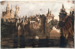 Stadt mit einer gebrochenen Brücke (Graphit, Indische Tinte und Sepia auf Papier)