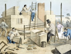 Der Maurer, der Schneider und der Steinsäger, Lithographie von Janson, 19. Jahrhundert
