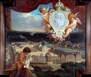 Der Louvre von Napoleon III. „Ansicht des Palais du Louvre und das Porträt von Napoleon III. im Medaillon“ von Victor Joseph Chavet