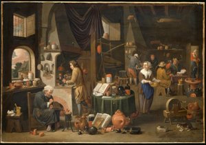 Interieur mit Alchemist und Assistenten