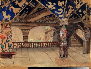 Bühnenbild für das Theaterstück "Schneemädchen" von A. Ostrovsky (Holzterrasse) von Victor Mikhailovich Vasnetsov