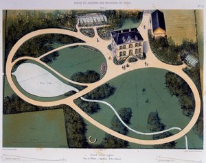 Großer englischer Garten von 6300 Quadratmetern, Illustration aus Parcs et Jardins des environs de Paris (Parks und Gärten rund um Paris), ca. 1850, Lithographie von Victor Petit (1818-1871), Frankreich von Victor Petit