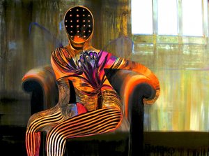 Kontemplative orangefarbene Figur