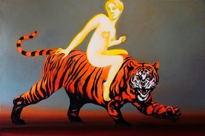 Leuchtende Frau auf Tiger von Victor Tkachenko