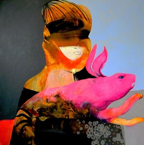 Geheimnisvolle Frau mit rosa Kaninchen von Victor Tkachenko