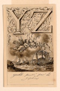 Entwurf für die Buchstaben Y und Z eines Primers: Yacht/ Zephyr (Yachten getrieben von Zephyren)