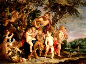 Ein Bacchanal in einer bewaldeten Flusslandschaft von Victor Wolfvoet