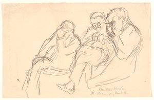 Figurenskizze. Drei sitzende Männer: Fr. Henningsen, Aarsleff und P. Johansen von Viggo Johansen