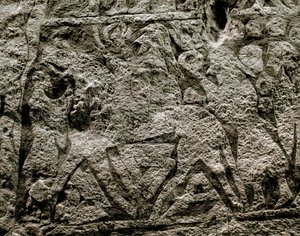 Die Toten reiten auf dem Pferd Odins (Detail eines Wikinger-Grabsteins, 7.-8. Jahrhundert n. Chr.)