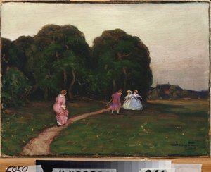 Im Garten. Gemälde von Viktor Ivanovich Zarubin (1866-1928), Öl auf Leinwand. Russische Kunst