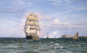 Dänisches Barkschiff vor Schloss Kronborg und Helsingör in der Ferne von Vilhelm Arnesen
