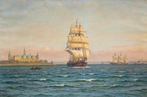 Segelschiffe und eine Fähre vor Kronborg