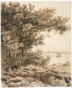 Küstenlandschaft mit hohen Bäumen. Motiv vom Esrum-See von Vilhelm Kyhn